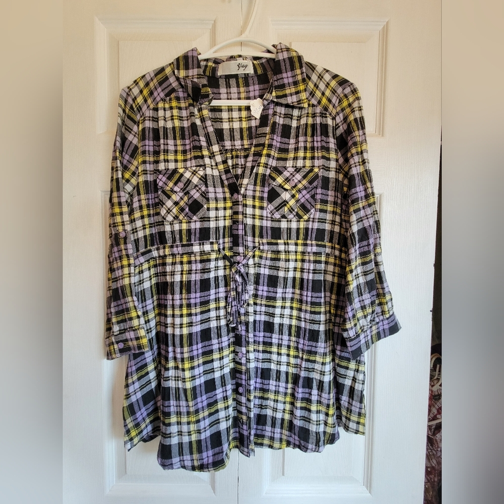 Plaid Women's Blouse - Yellow and Purple Small Medium